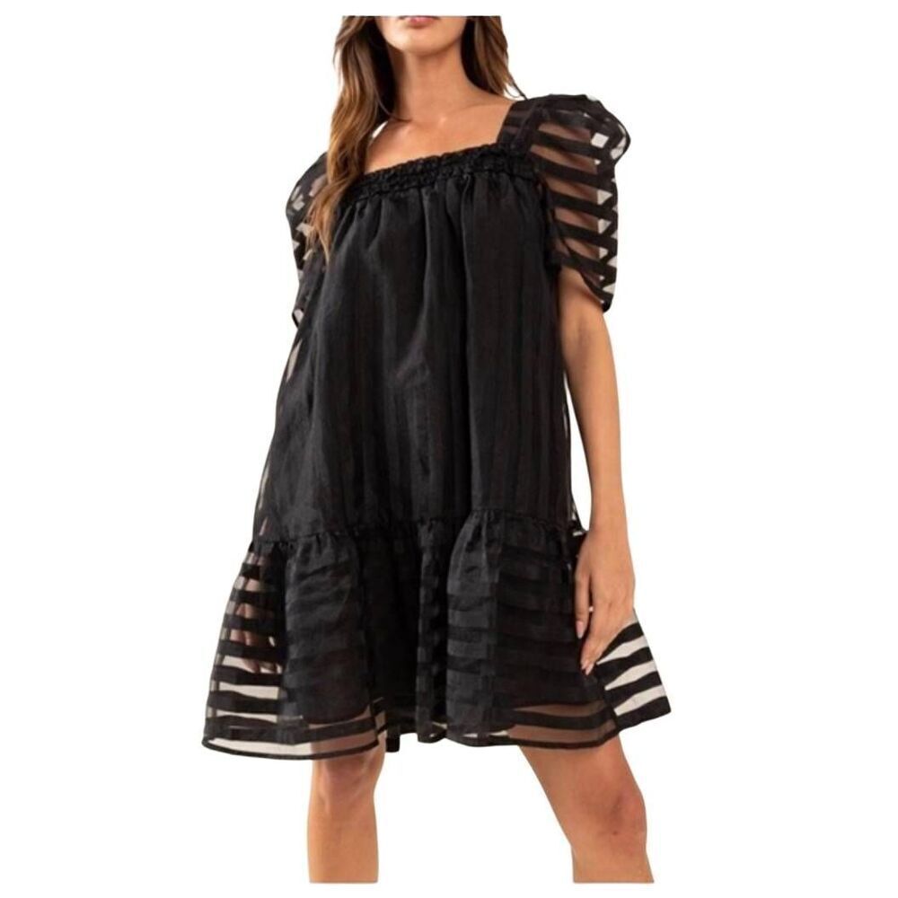 Ces Femme Women's Black Poly Organza w Black Cotton Lining Puff Sleeve Babydoll